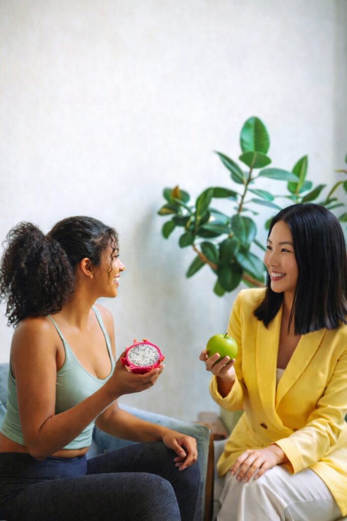 Two women discussing healthy nutrition holding apple and dragon fruit indoors