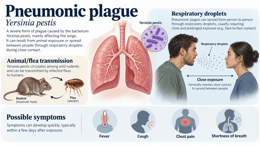 Pneumonic Plague in Russia 2026: Symptoms, How It Spreads, Treatment & Is There a Global Risk? Pneumonic plague infographic showing Yersinia pestis, lungs, rodent and flea transmission, close-contact respiratory droplets, and symptoms including fever, cough, chest pain and shortness of breath.